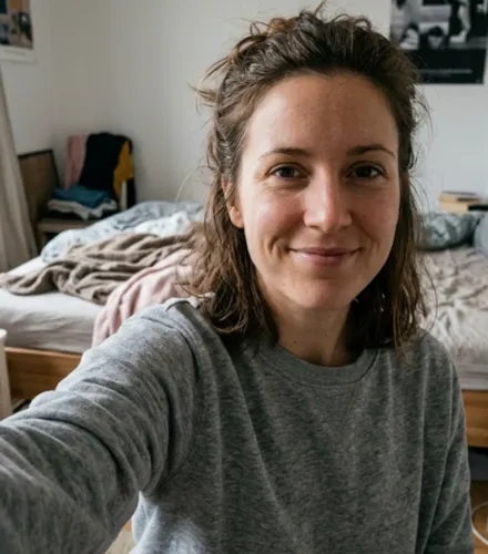 Selfie de una mujer de pelo castaño en su habitación.
