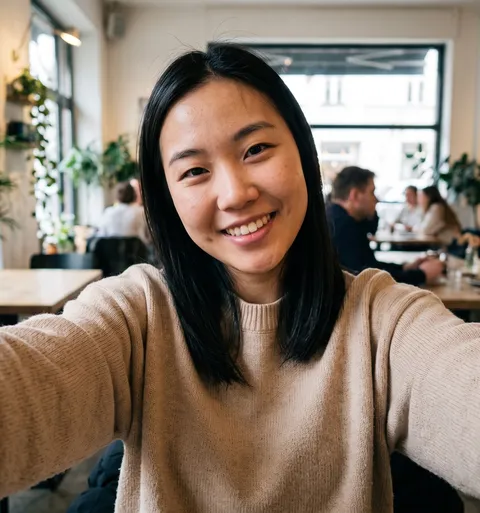 Selfie de una mujer sonriente en una cafetería.